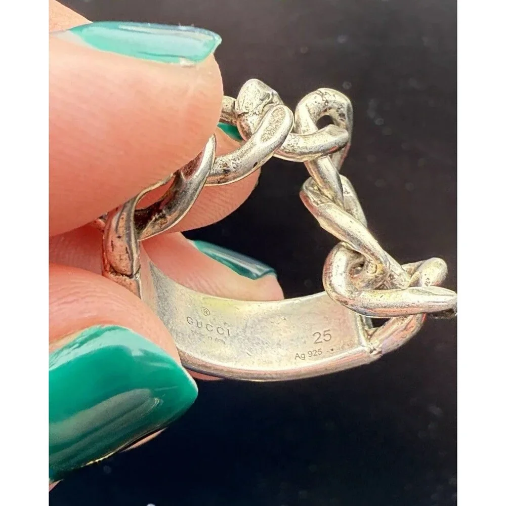 Gucci Logo Sterling Silver & Enamel Plaque Chain Ring Unisex Size IT25 US 11 NEW